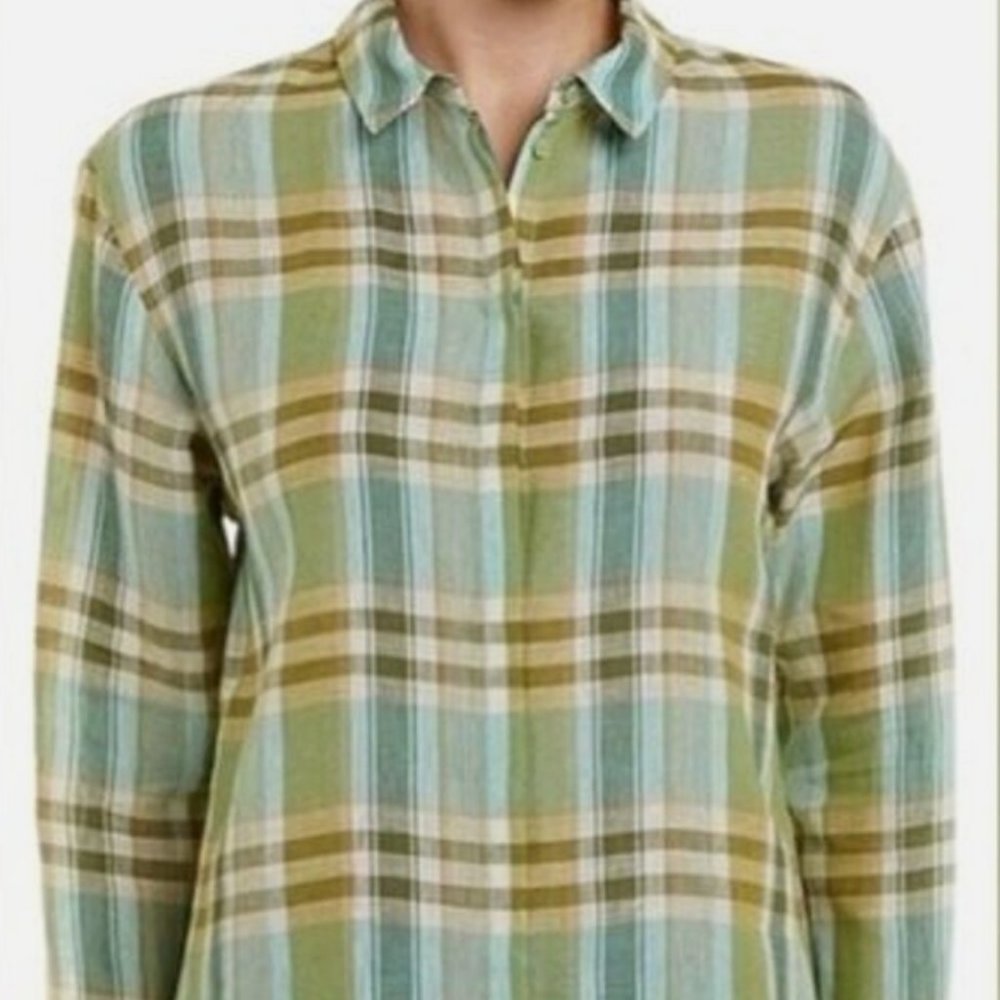 Lafayette 148 Sabira Linen Button-down Blouse in Plaid, Size‎ XL